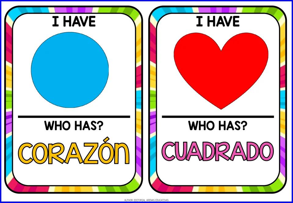 Game cards 1–2 show a circle and heart and ask “Who has?” corazón (heart) and cuadrado (square)