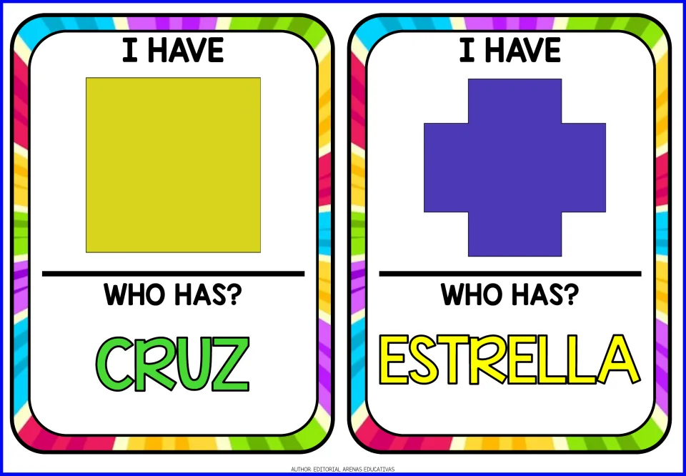 Game cards 3–4 show a square and cross and ask “Who has?” cruz (cross) and estrella (star)