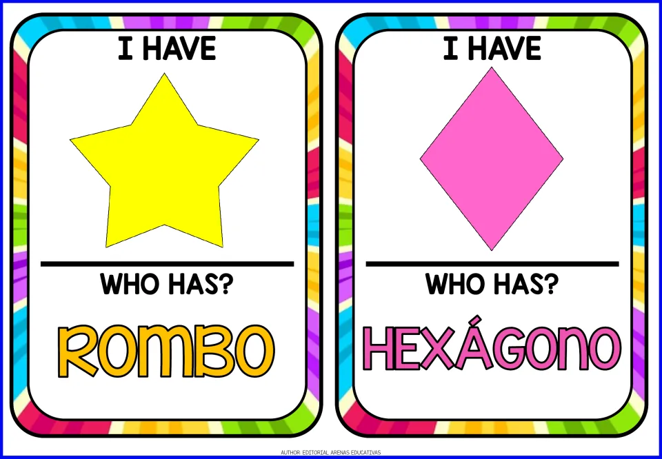 Game cards 5–6 show a star and rhombus and ask “Who has?” rombo (rhombus) and hexágono (hexagon)