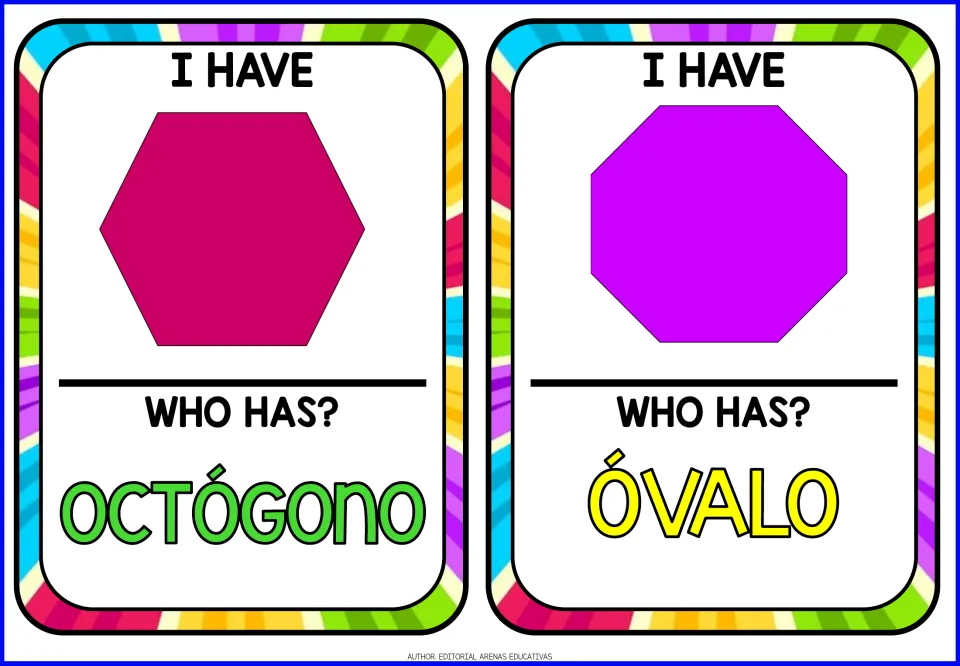 Game cards 7–8 show a hexagon and octagon and ask “Who has?” octógono (octagon) and óvalo (oval)