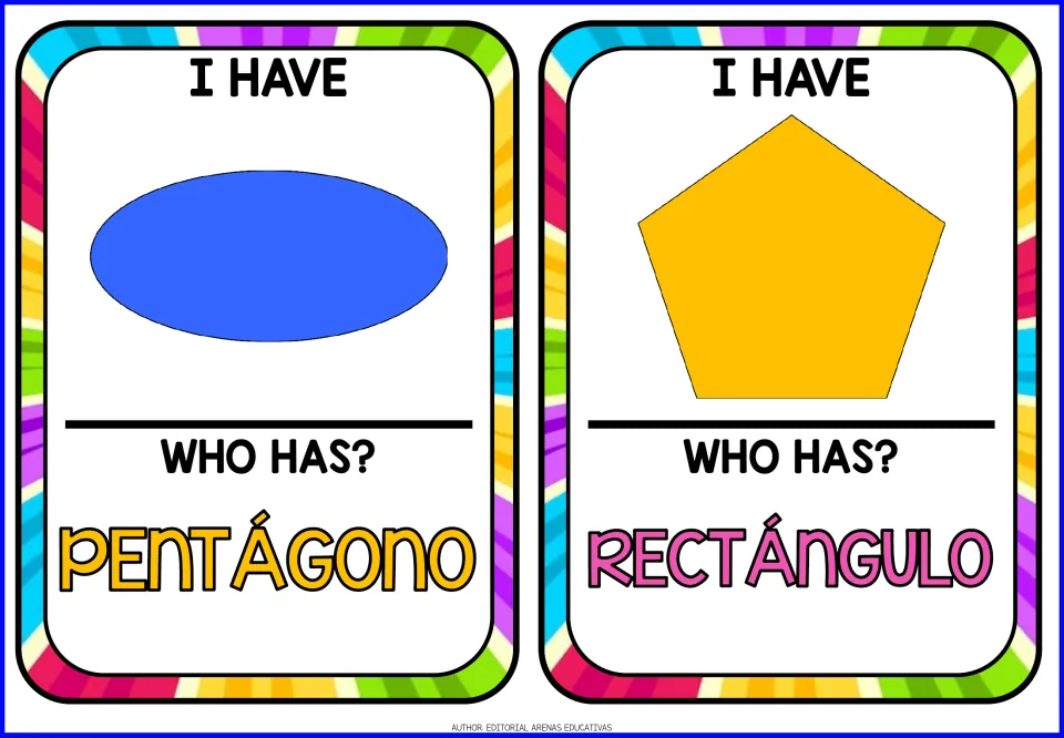 Game cards 9–10 show an oval and pentagon; prompts read pentágono (pentagon) and rectángulo (rectangle)