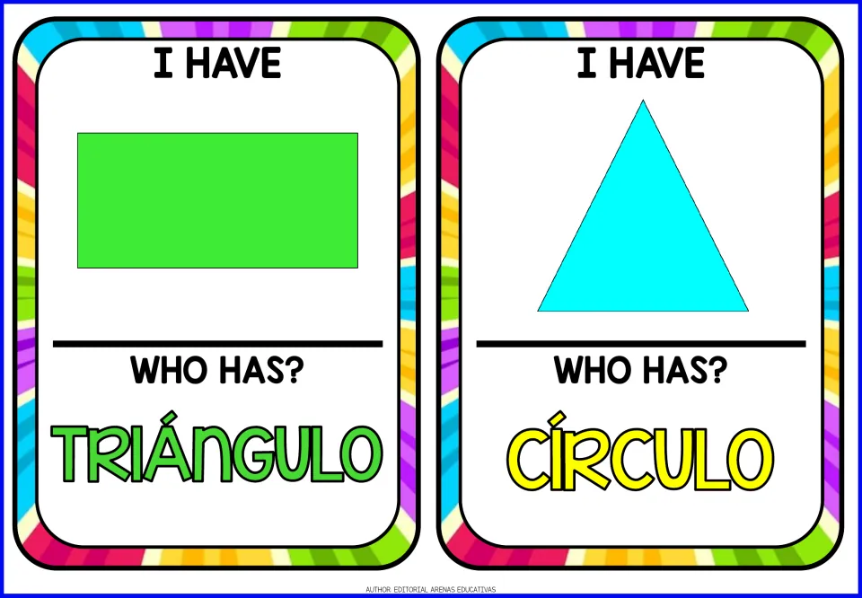Game cards 11–12 show a rectangle and triangle; prompts read triángulo (triangle) and círculo (circle)