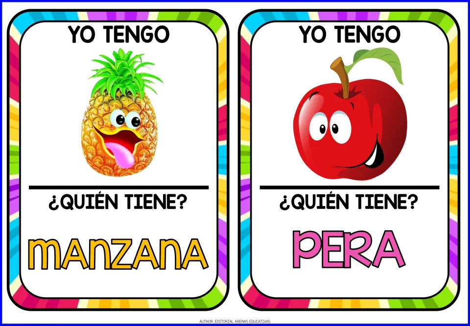 Fruit game cards 1–2: pineapple and apple pictures, asking who has manzana (apple) and pera (pear)