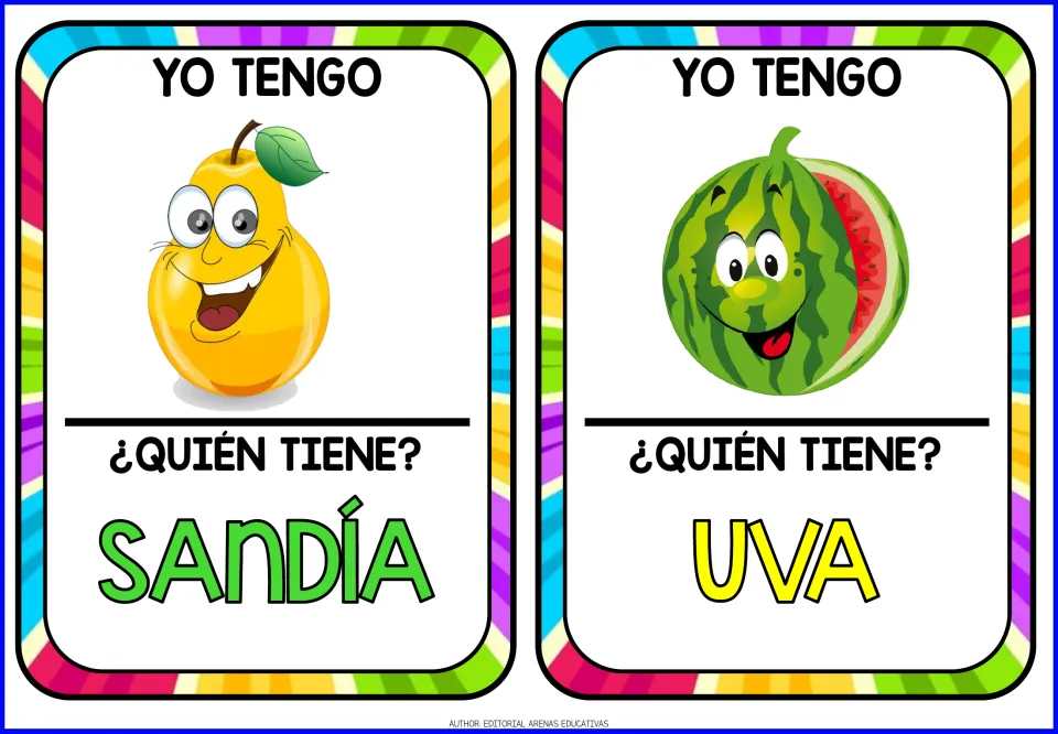 Fruit game cards 3–4: pear and watermelon pictures, asking who has sandía (watermelon) and uva (grape)