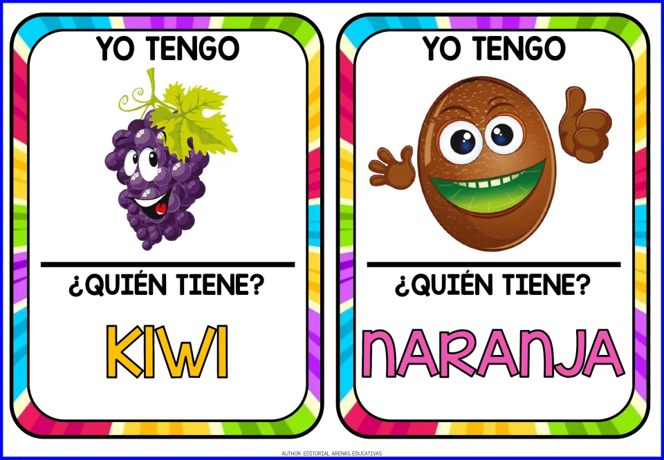 Fruit game cards 5–6: grape and kiwi pictures, asking who has kiwi (kiwi) and naranja (orange)