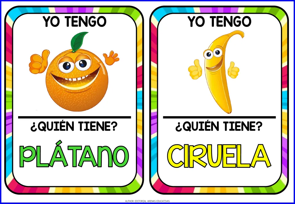 Fruit game cards 7–8: orange and banana pictures, asking who has plátano (banana) and ciruela (plum)