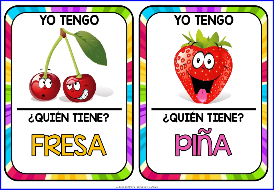 Fruit game cards 9–10: cherries and strawberry pictures; prompts name fresa (strawberry) and piña (pineapple)