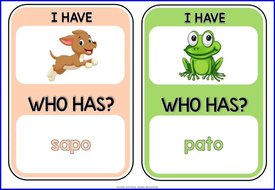 Animal game cards 1–2: dog and frog pictures under 'I HAVE'; 'WHO HAS?' prompts sapo (toad) and pato (duck)