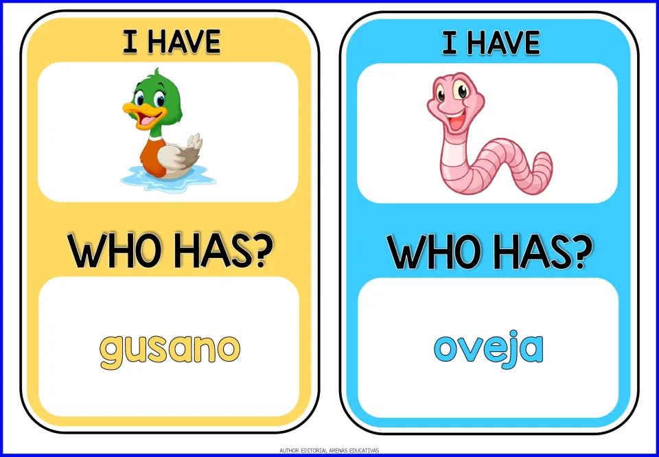 Animal game cards 3–4: duck and worm pictures under 'I HAVE'; prompts gusano (worm) and oveja (sheep)