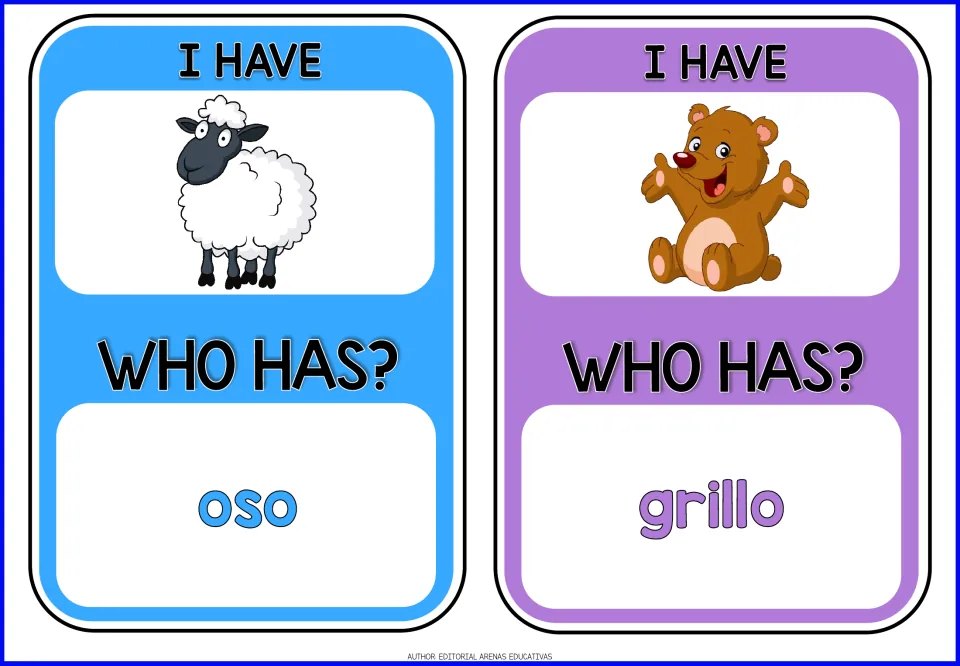 Animal game cards 5–6: sheep and bear pictures under 'I HAVE'; prompts oso (bear) and grillo (cricket)