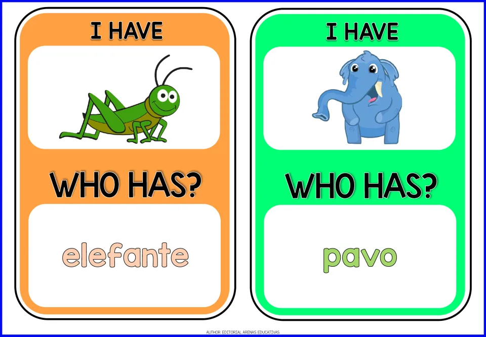 Animal game cards 7–8: cricket and elephant pictures; 'WHO HAS?' prompts elefante (elephant) and pavo (turkey)