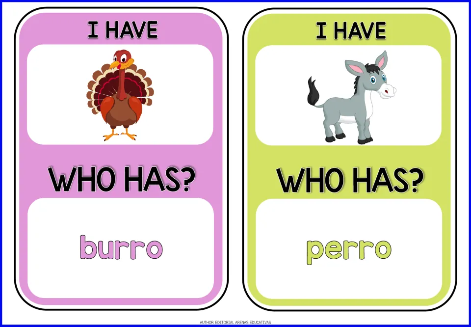 Animal game cards 9–10: turkey and donkey pictures; 'WHO HAS?' prompts burro (donkey) and perro (dog)