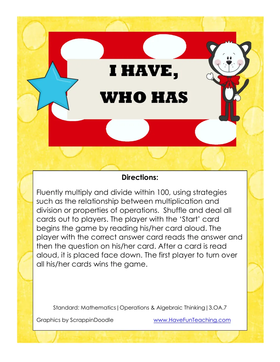 I Have, Who Has title page with game directions: deal the cards, read aloud from the Start card and match answers in turn