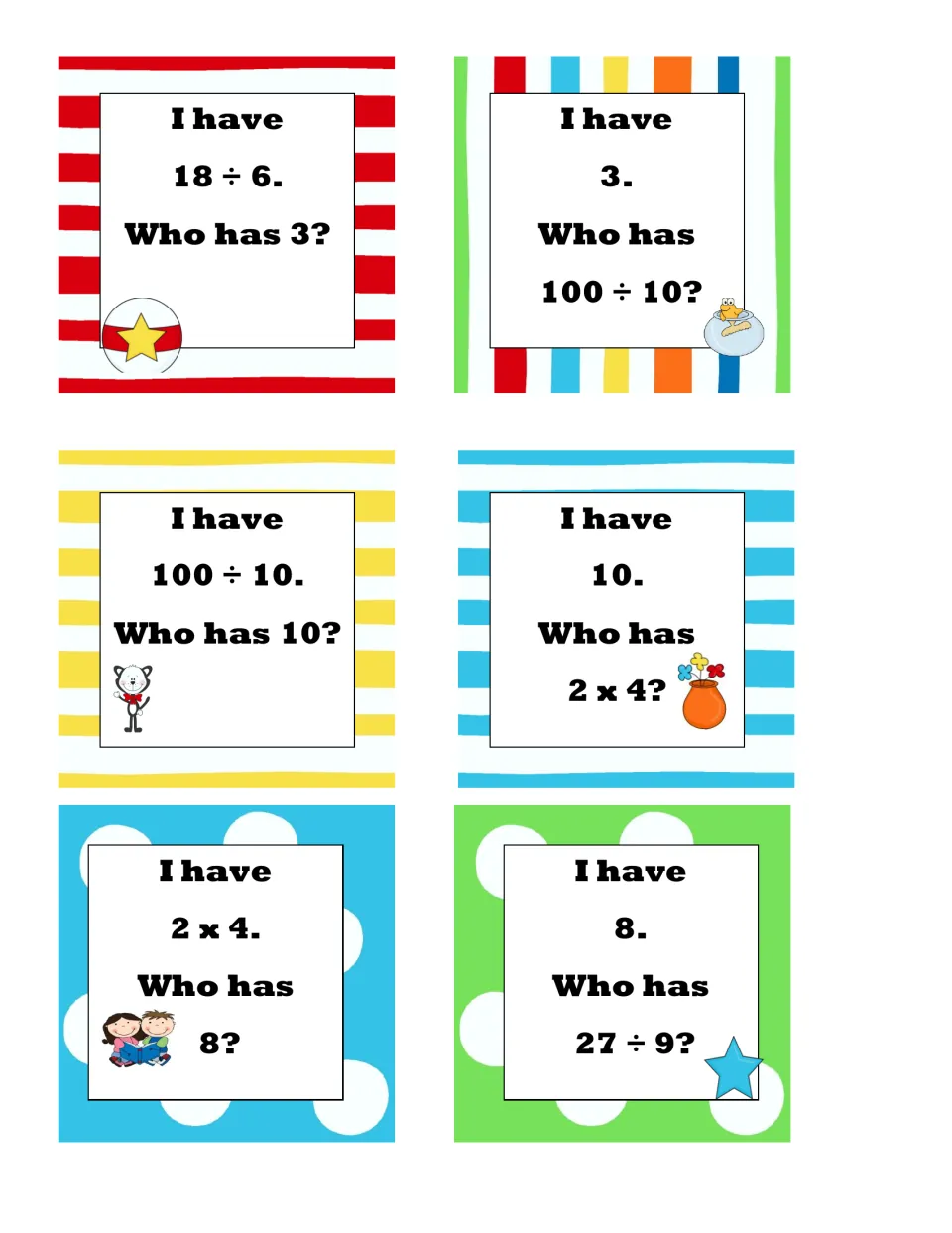 Six fact cards linking each answer to the next: I have 18 ÷ 6, 3, 100 ÷ 10, 10, 2 x 4 and 8, ending with who has 27 ÷ 9?
