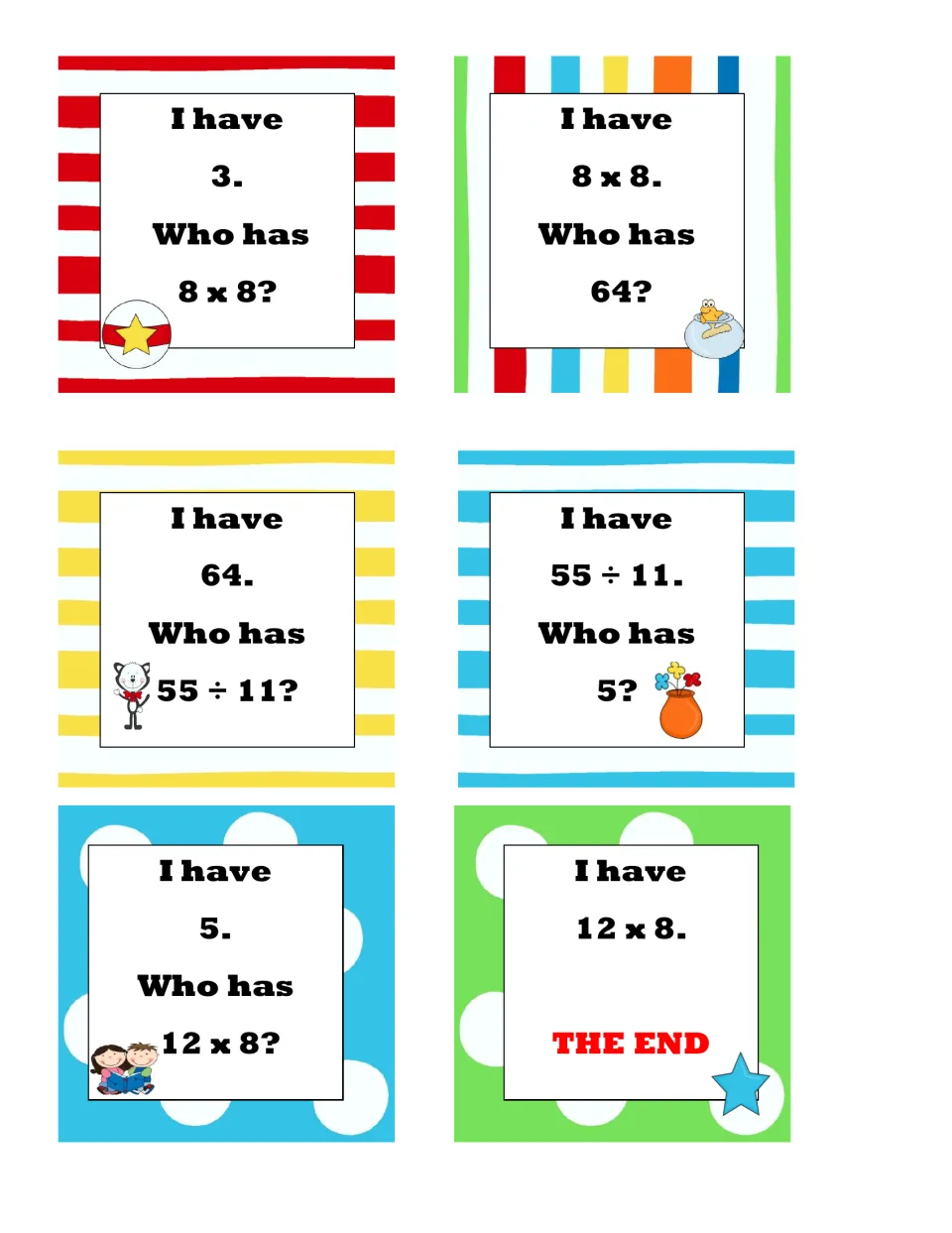 Final fact cards: I have 3, who has 8 x 8? through 64, 55 ÷ 11 and 5, closing with I have 12 x 8 and THE END