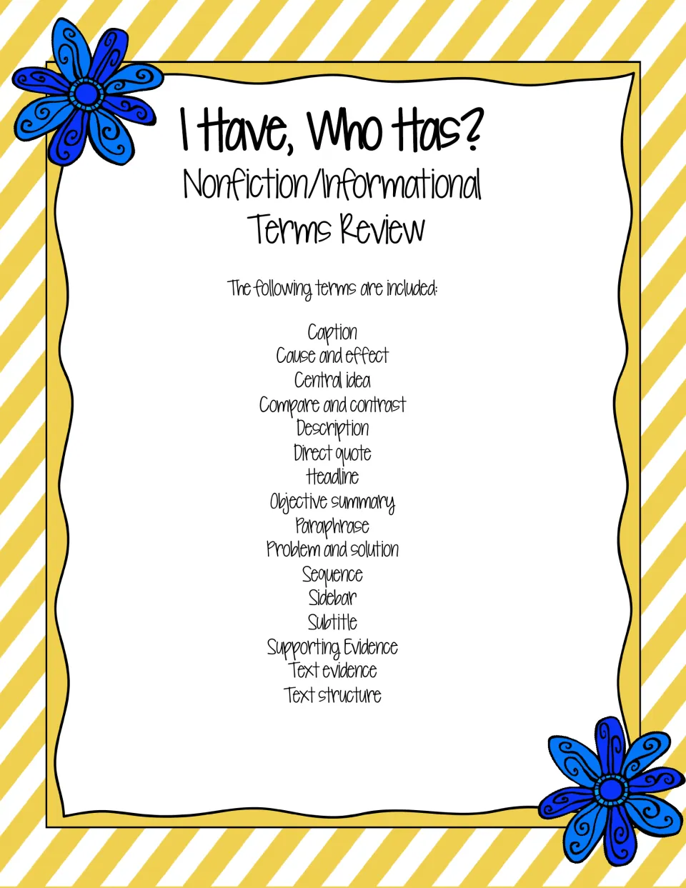 List of 16 informational text terms in the deck, from caption and cause and effect to sidebar, subtitle and text structure