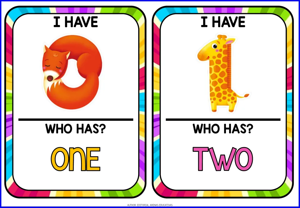 Number game cards 1–2: animal-shaped numerals 0 and 1 under 'I HAVE,' asking 'WHO HAS?' one and two