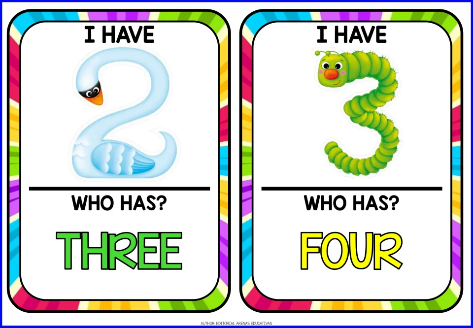 Number game cards 3–4: animal-shaped numerals 2 and 3 under 'I HAVE,' asking 'WHO HAS?' three and four