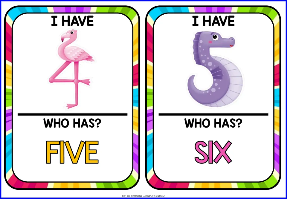 Number game cards 5–6: animal-shaped numerals 4 and 5 under 'I HAVE,' asking 'WHO HAS?' five and six