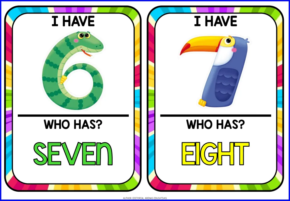 Number game cards 7–8: animal-shaped numerals 6 and 7 under 'I HAVE,' asking 'WHO HAS?' seven and eight