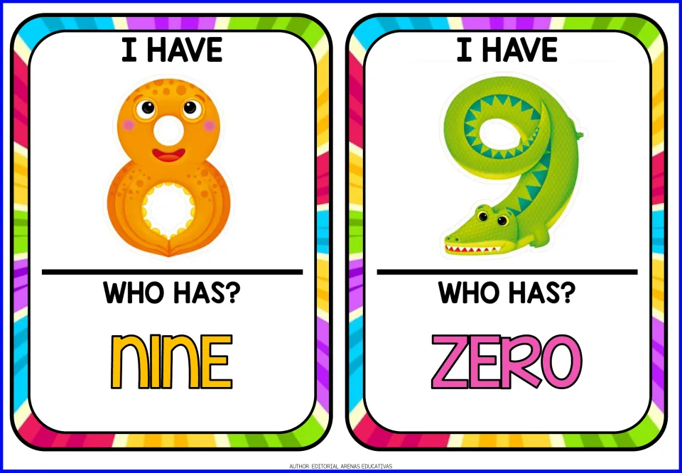 Number game cards 9–10: animal-shaped numerals 8 and 9 under 'I HAVE,' asking 'WHO HAS?' nine and zero