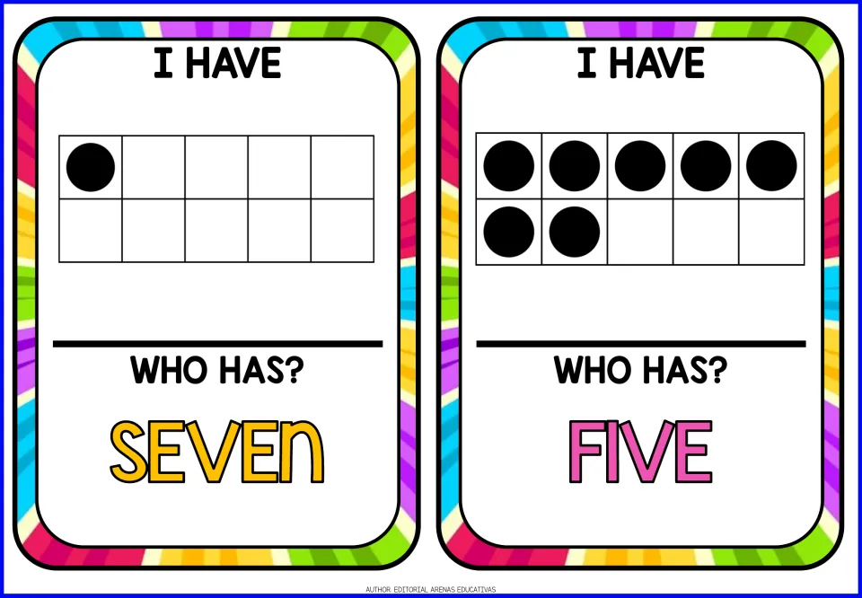 Number game cards: ten frames with 1 and 7 dots to count, each card then calling for the number word seven or five