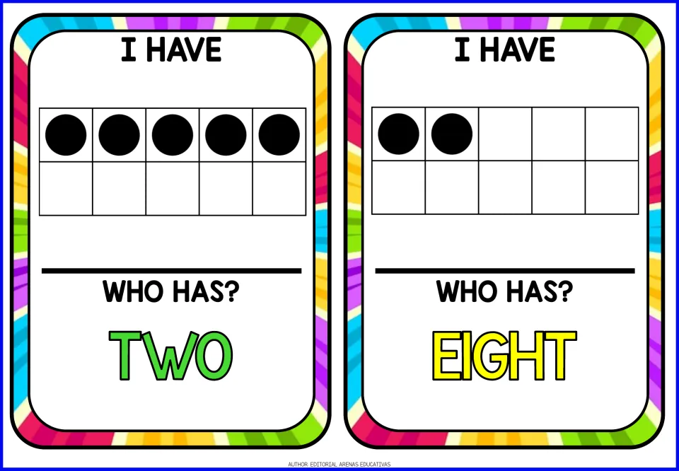 Counting cards: students count 5 dots and 2 dots on ten frames, then read the next number word, two or eight, aloud