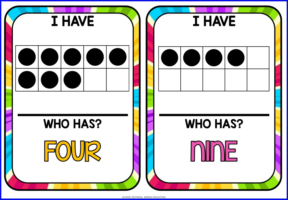 Ten-frame cards showing 8 and 4 dots for students to count, followed by Who has? prompts for the words four and nine