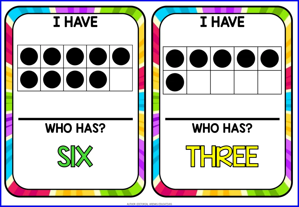 Game cards matching dot counts to number words: ten frames with 9 and 6 dots, then calls for the words six and three