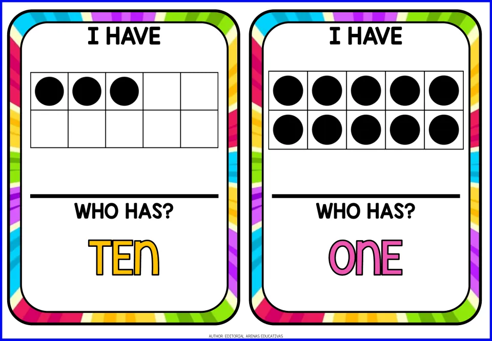Final game cards: ten frames with 3 and 10 dots to count, with Who has? calls for ten and one to close the loop
