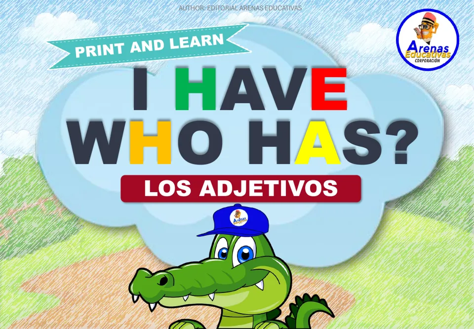 I Have, Who Has? Los Adjetivos cover: a Print and Learn Spanish adjectives card game, shown with a cartoon crocodile