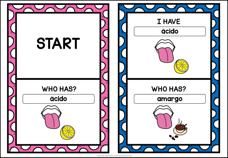 Spanish taste adjectives: START card asks who has ácido, then I have ácido asks who has amargo, with lemon and coffee