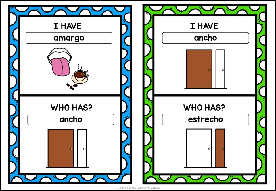 Adjective cards: I have amargo asks who has ancho; I have ancho asks who has estrecho, with wide and narrow doors