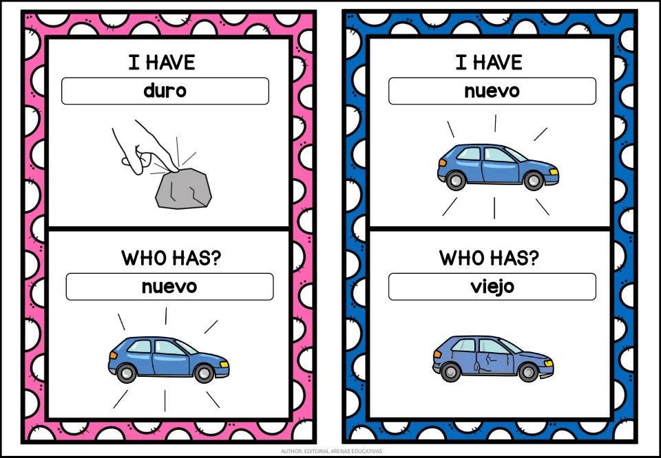 Adjective cards: I have duro asks who has nuevo; I have nuevo asks who has viejo, with a shiny new car and a dented car