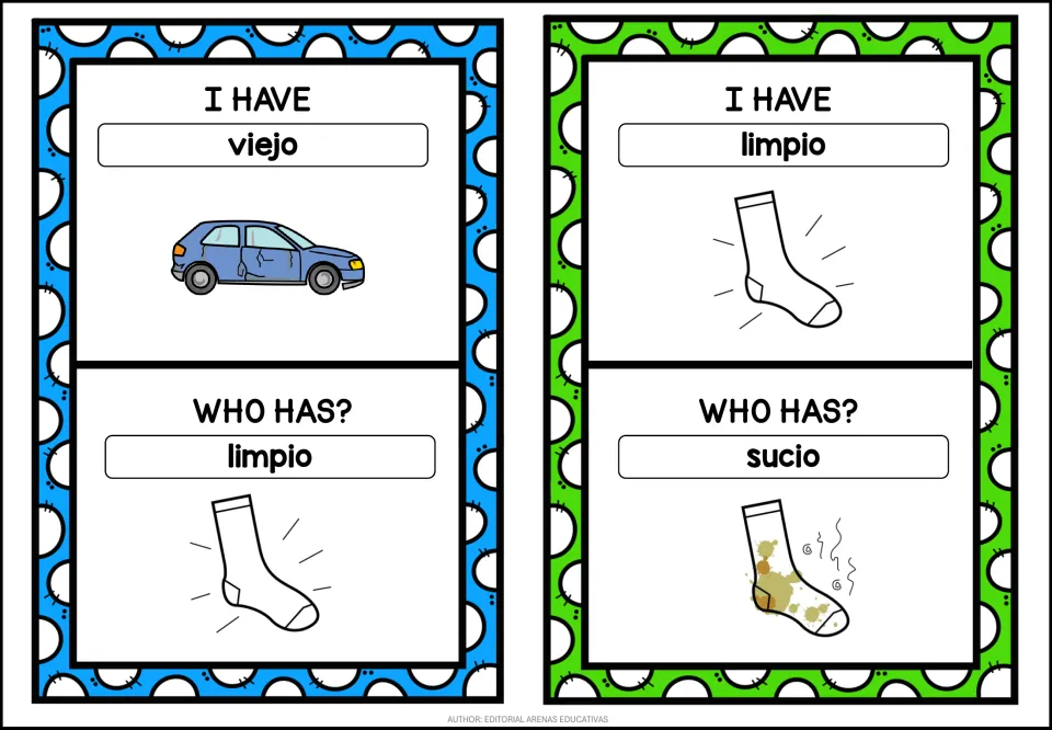 Adjective cards: I have viejo asks who has limpio; I have limpio asks who has sucio, with a clean sock and a dirty sock