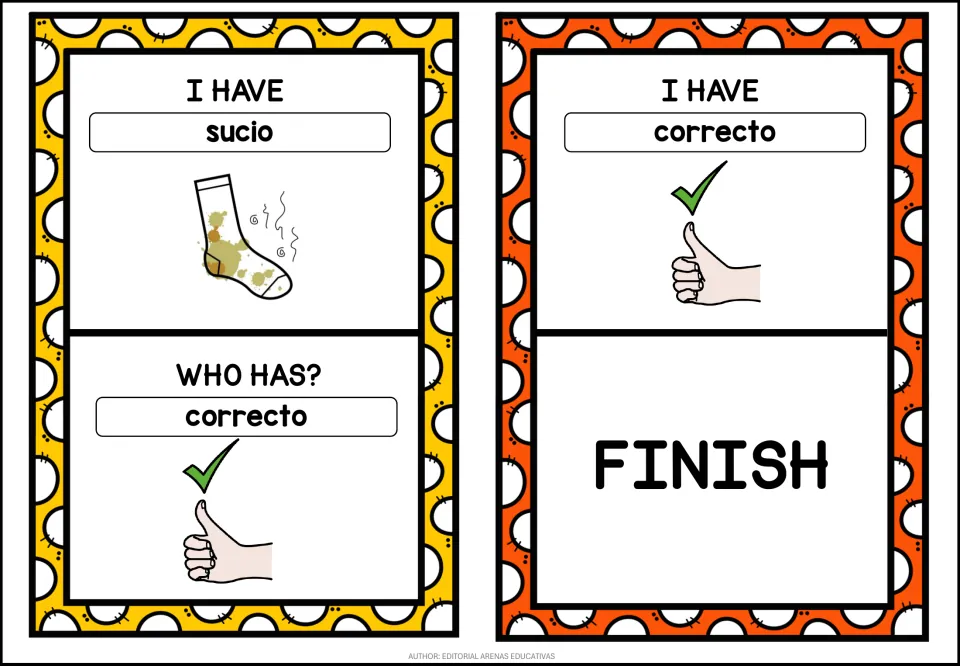 Final Spanish adjective cards: I have sucio asks who has correcto, then I have correcto, with a thumbs-up, ends at FINISH