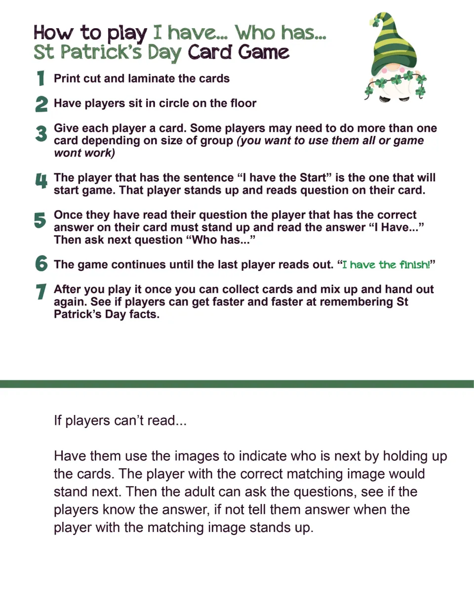 Game instructions explain dealing all cards, reading from Start to Finish, and using pictures for nonreaders