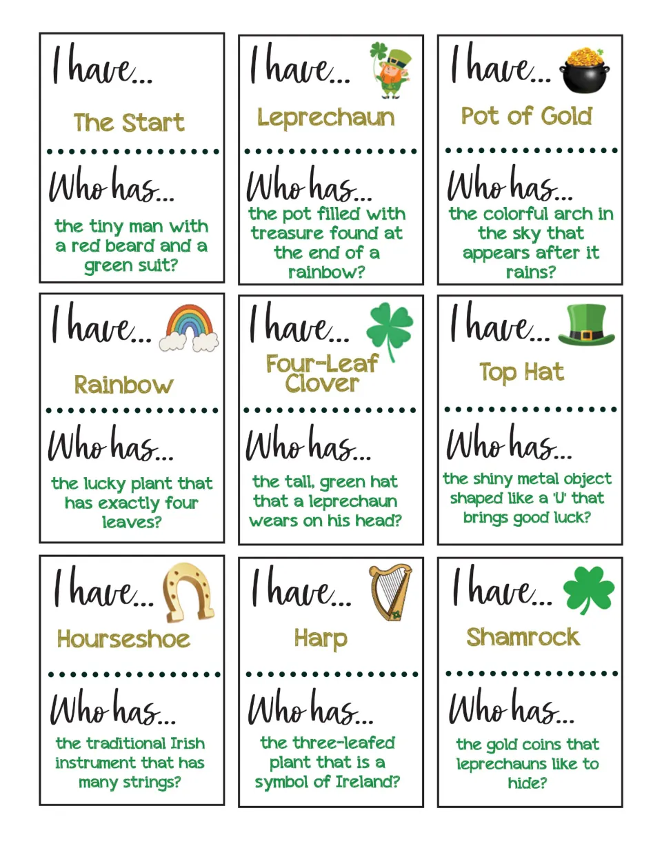 Cards 1–9 with written clues: Start, Leprechaun, Pot of Gold, Rainbow, Four-Leaf Clover, and four more