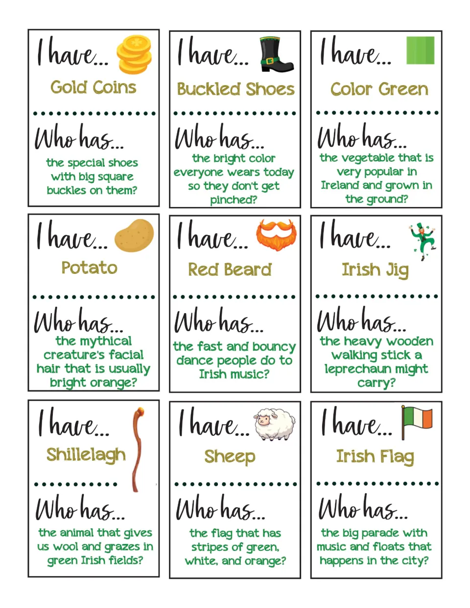 Cards 10–18 with written clues: Gold Coins, Buckled Shoes, Color Green, Potato, Red Beard, and four more