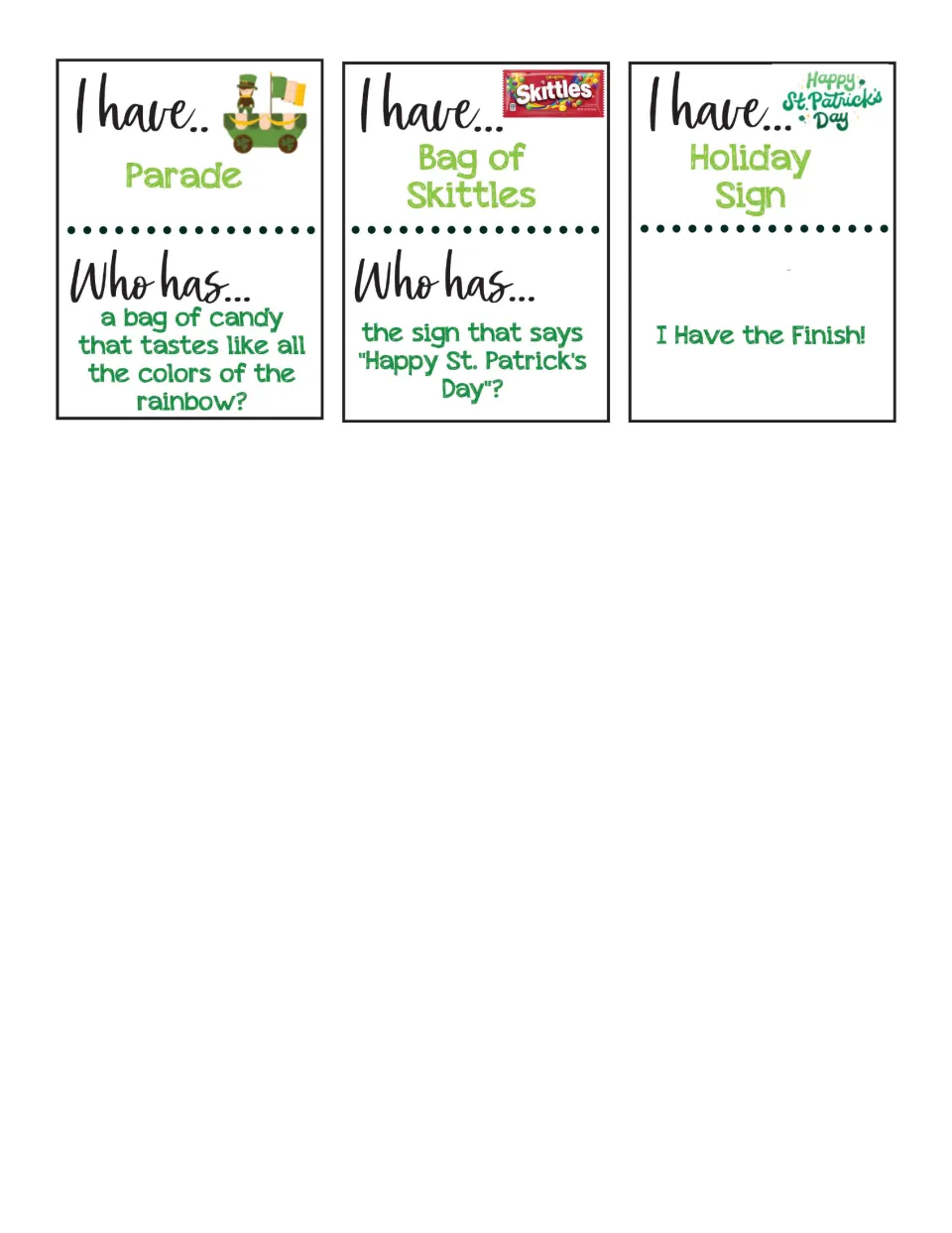 Cards 19–21 with written clues: Parade, Bag of Skittles, and Holiday Sign, ending with 'I Have the Finish!'