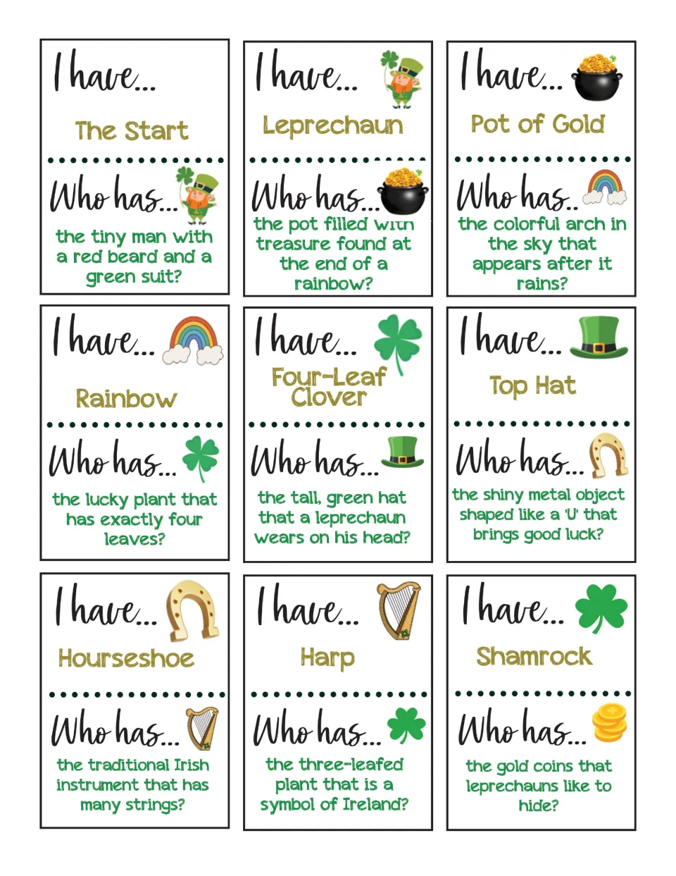 Cards 1–9 with picture clues: Start, Leprechaun, Pot of Gold, Rainbow, Four-Leaf Clover, and four more