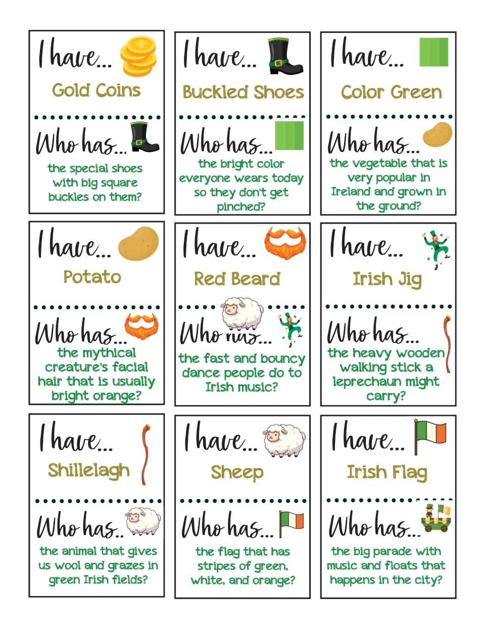 Cards 10–18 with picture clues: Gold Coins, Buckled Shoes, Color Green, Potato, Red Beard, and four more