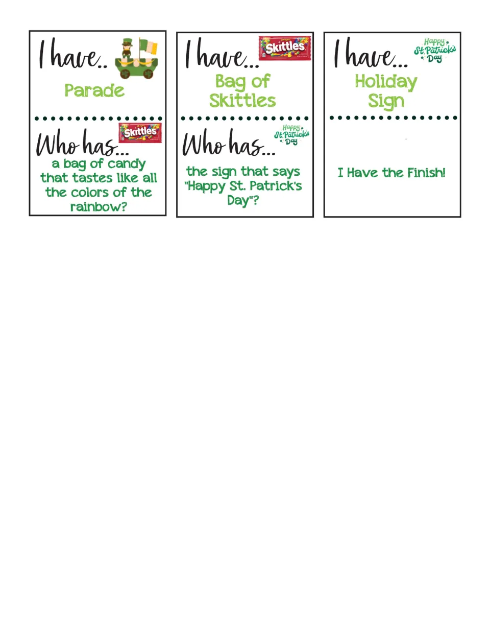 Cards 19–21 with picture clues: Parade, Bag of Skittles, and Holiday Sign, ending with 'I Have the Finish!'