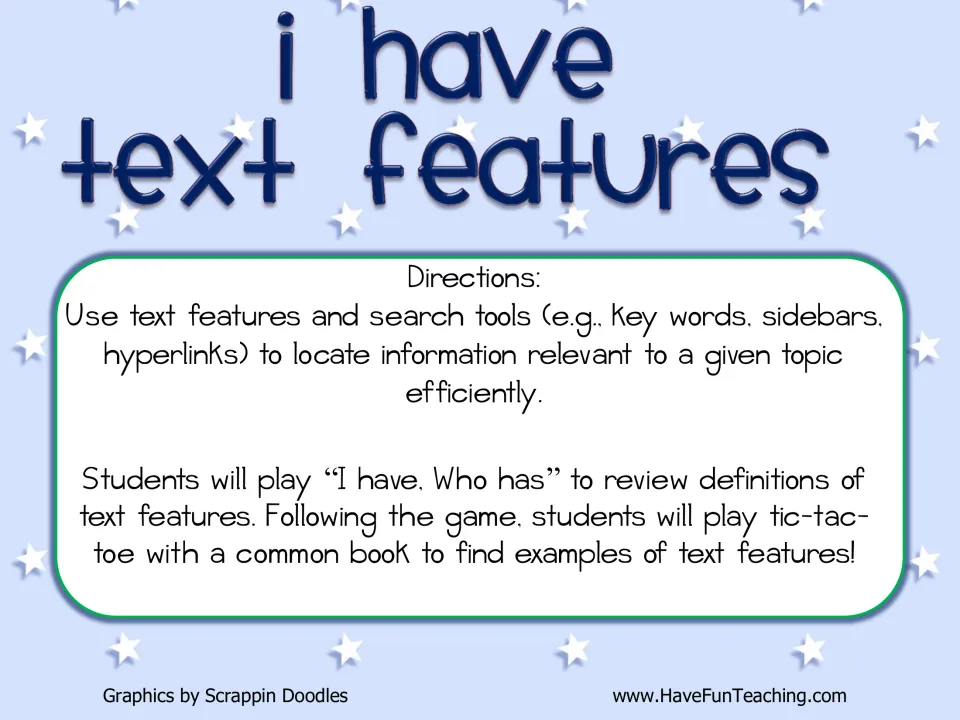 Text features title page: directions for an I have, who has definitions review, then a tic-tac-toe hunt in a book