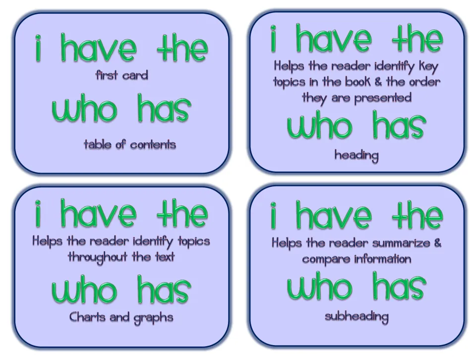 Text features game cards: the first card, then definitions of table of contents, heading, and charts and graphs