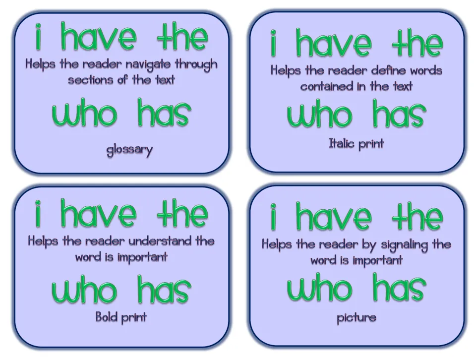 Text features game cards: students read definitions and call glossary, italic print, bold print and picture