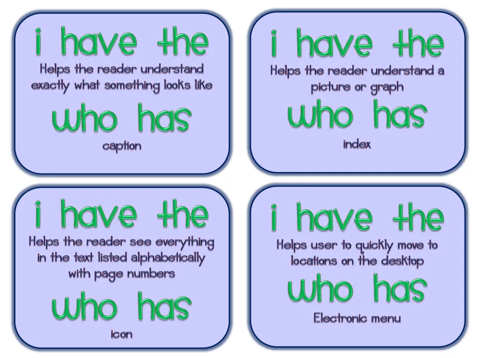Text features cards defining terms like index (topics listed alphabetically) and calling caption, icon, electronic menu