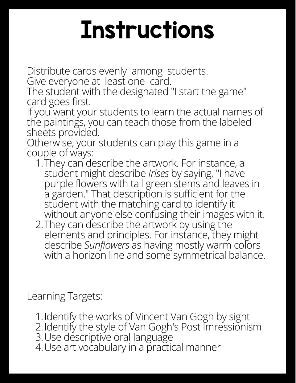 Game instructions explain distributing cards, describing artwork, and four art and oral language learning targets