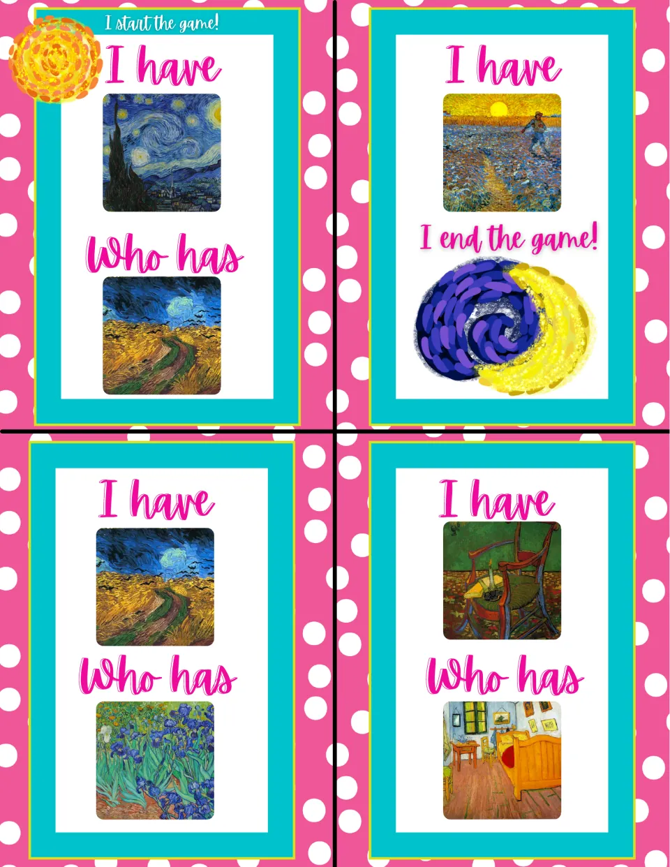 Game cards 1–4 include the Starry Night start card, The Sower end card, Wheatfield with Crows, and Gauguin’s chair