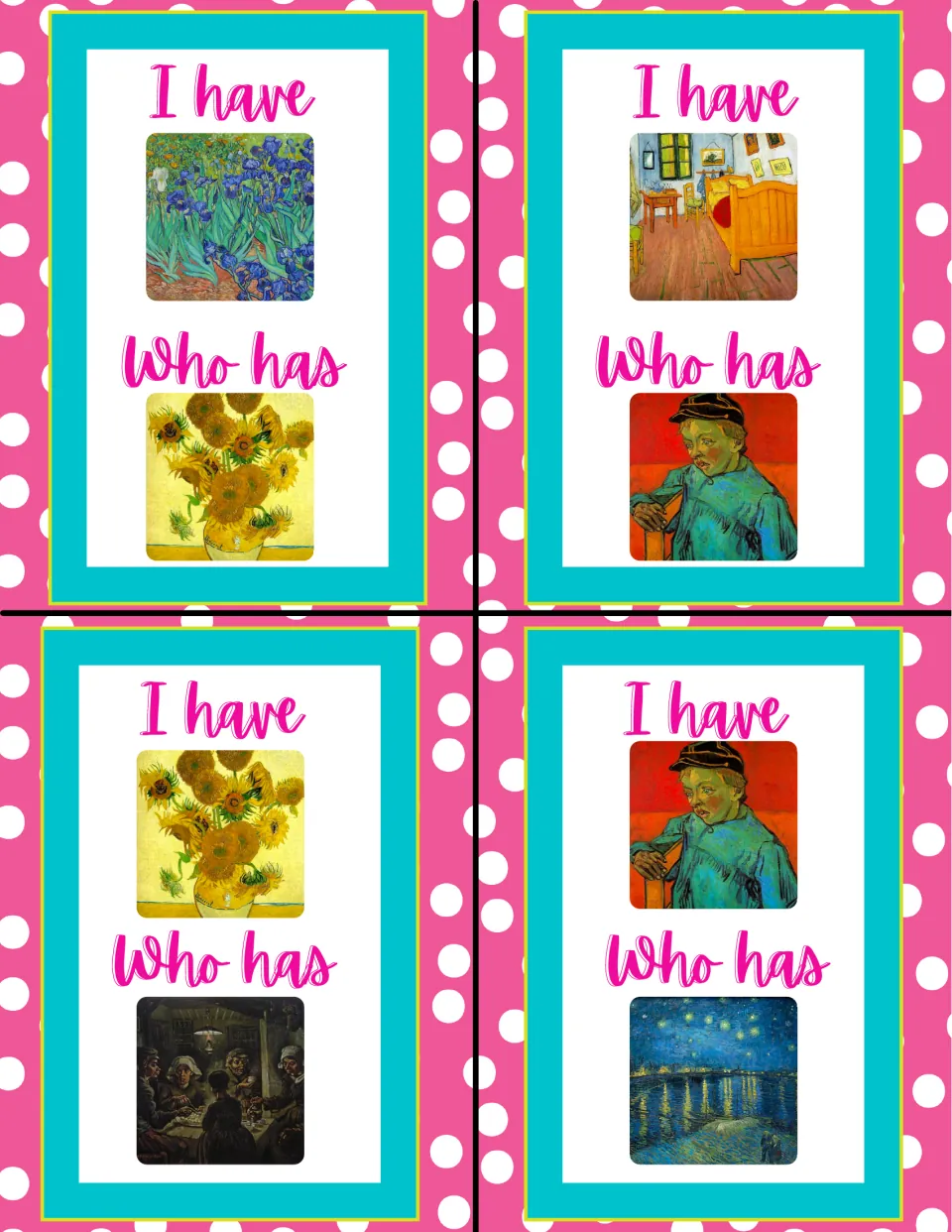 Game cards 5–8 pair Irises with Sunflowers, the bedroom with The Schoolboy, and two more artwork matches